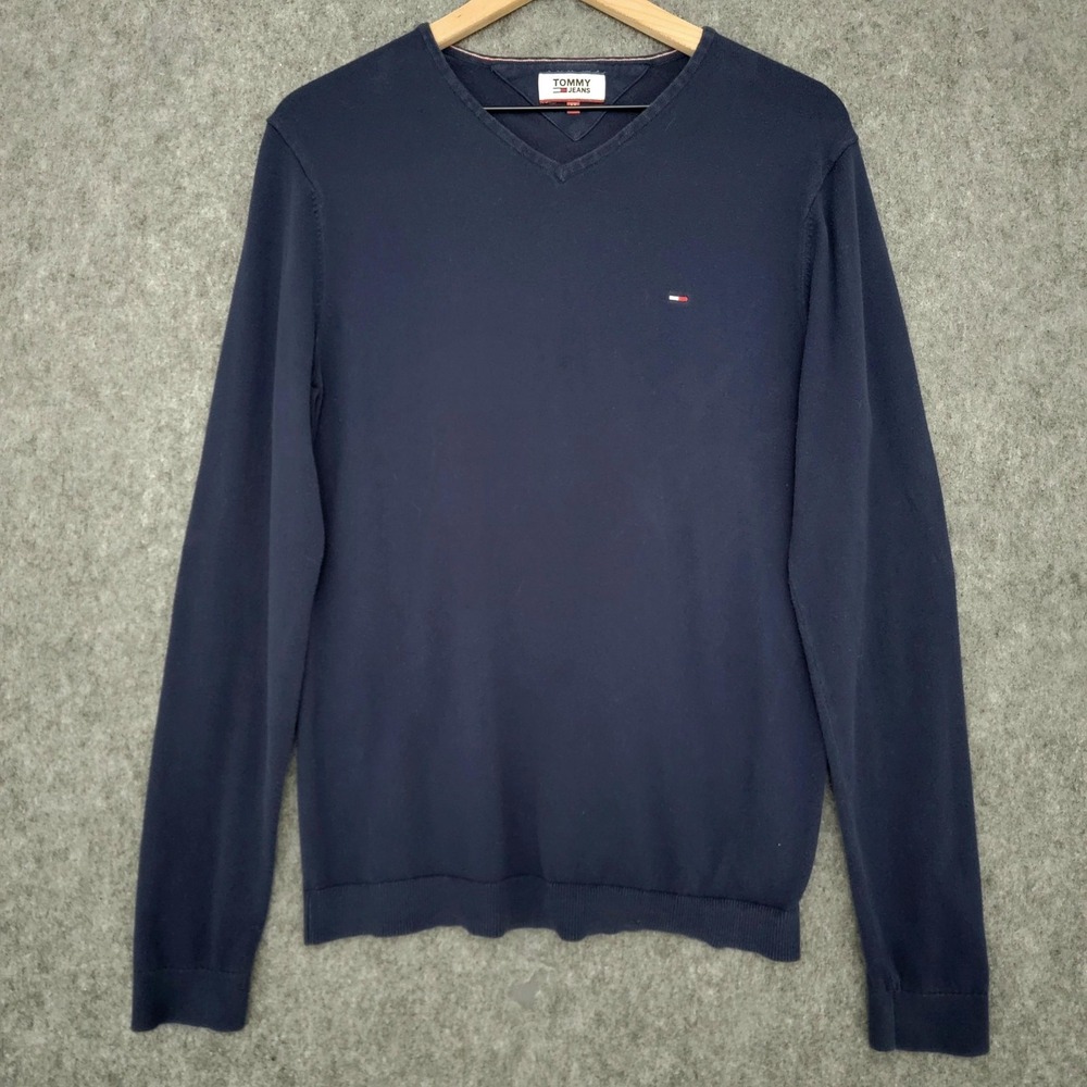 Tommy Jeans Sweater Mens Medium Navy Blue V-Neck Long Sleeve Flag Logo Pullover